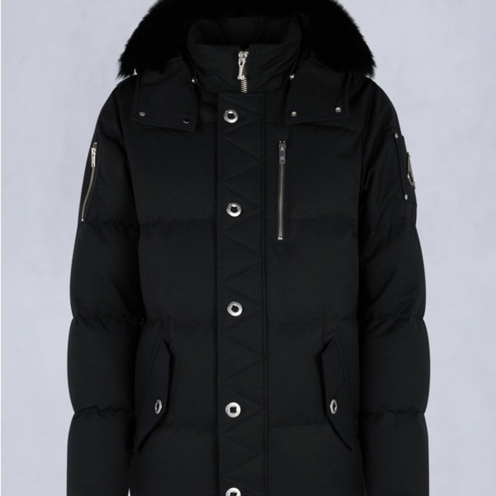 Moose Knuckles Men's Black Down Puffer with Fur-Trim Hood